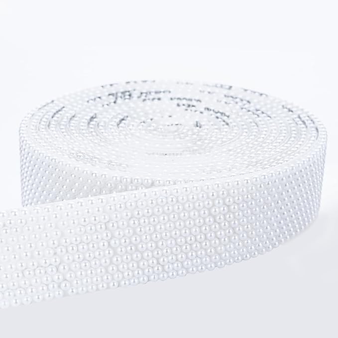 Novani Self Adhesive Pears Ribbon 1 Roll - 3 Yards White Pearls Crystal Diamond Bling Strips Glitter Resin Ribbon for Crafting,Home DIY Decoration（White Pearls,1.14 Inch,3Y）