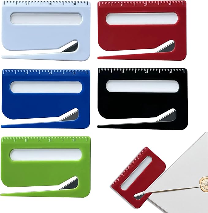 5Pcs Letter Opener Envelope Slitter,Mail Opener Tool,Envelope Opener Slitter,Envelope Opener for Office,Wrapping Paper Cutter with Hidden Blade, Package Opening Tool with Scale and Magnifying Glass