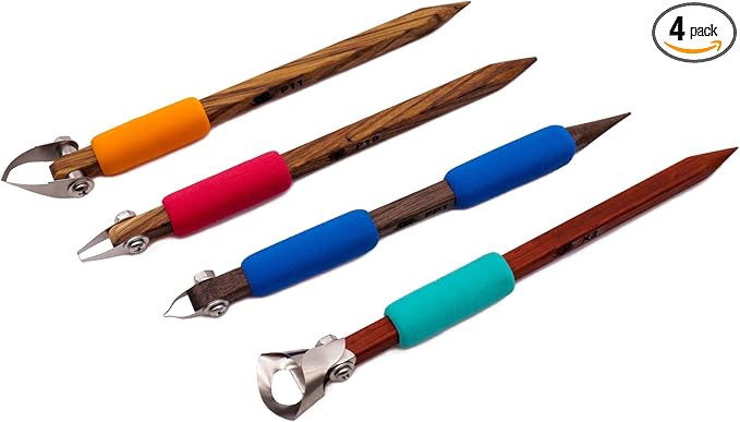 The Original DiamondCore Tools: 4-Pack Pottery Carving Tool Set ‚ P11, P19, FP1, X2, Clay Carving, Ceramic Sculpting, Sgraffito, Relief Fluting (Set 2)