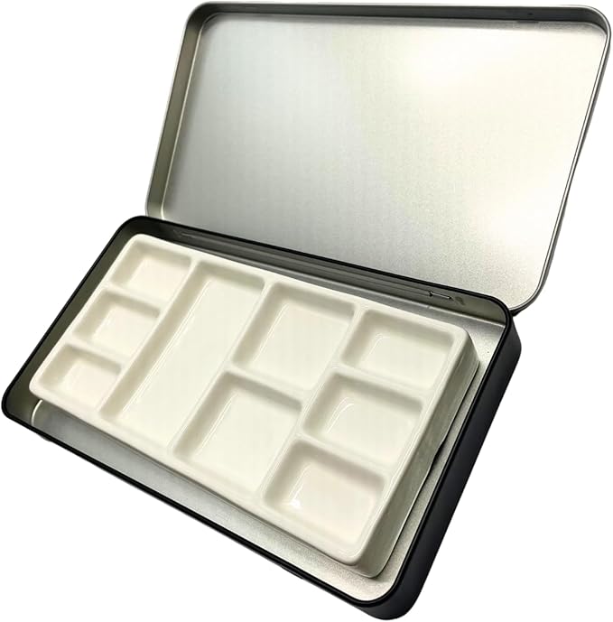 Travel Watercolor Palette, Portable Ceramic Paint Palette with 9 Wells, Empty Wet Palette, Metal Paint Box with Porcelain Palette（Iron Box Style）