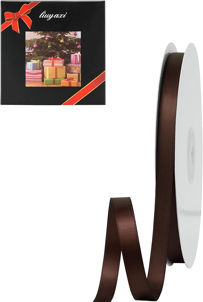 LIUYAXI Brown Double Faced Satin Ribbon, 3/8" X Continuous 25 Yards, Ribbons Perfect for Gift Wrapping Bows Bouquet Wedding Decor DIY Craft and More