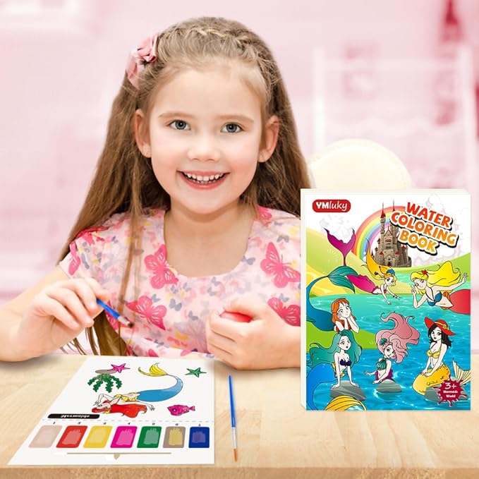 Paint With Water Books for Kid,Mermaids Coloring Book With Watercolor Paint Set Kids,Travel Coloring Kit，Arts and Crafts Suitable for Birthday