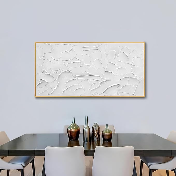 Large Size Hand-Painted Oil Painting on Canvas Gold Frame White Textured Wall Art Abstract Minimalist 3d Artwork Neutral Picture Home Wall Decor for Living Room Bedroom Office Ready to Hang 48x24inch