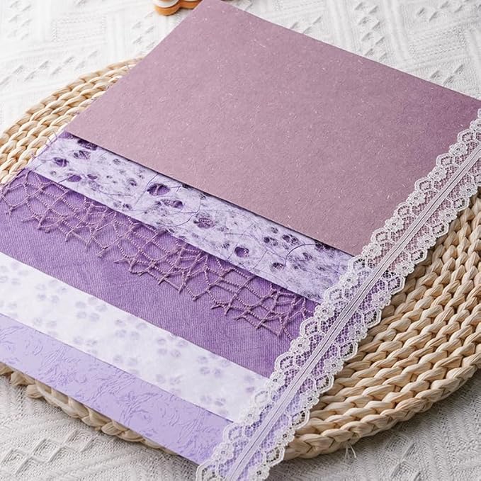 15Pcs Handmade Scrapbook Art Paper Craft Textured Paper Colorful A5 sheet Mesh Special Paper Mix for Scrapbooking Junk Journal Journaling Supplies DIY Materials,5.8x8.2 inches (Purple)