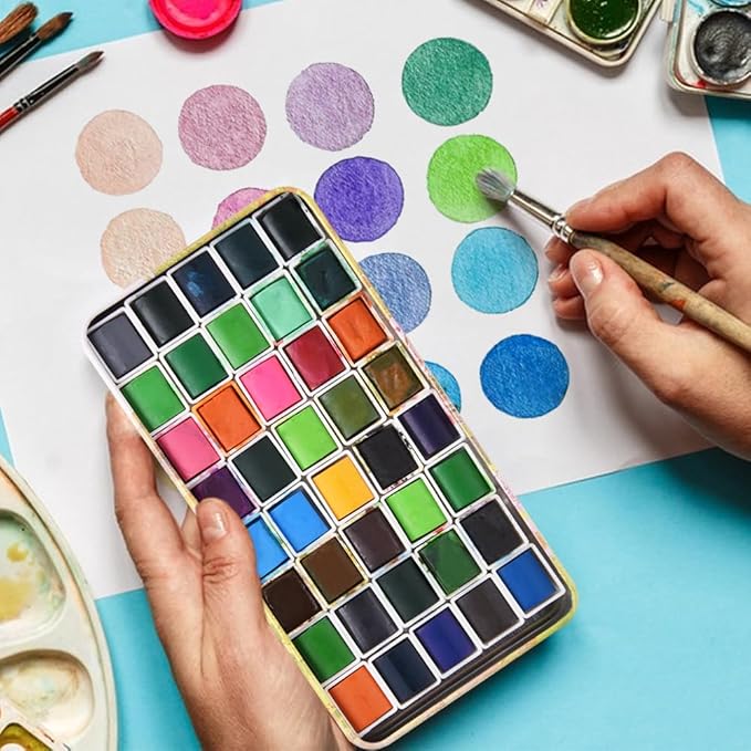 Portable Watercolor Tins Paint Palette with 40Pcs Empty Half Pans and Magnetic Squares, Small Travel Metal Paint Box with Acrylics Painting Art Drawing. Pastoral