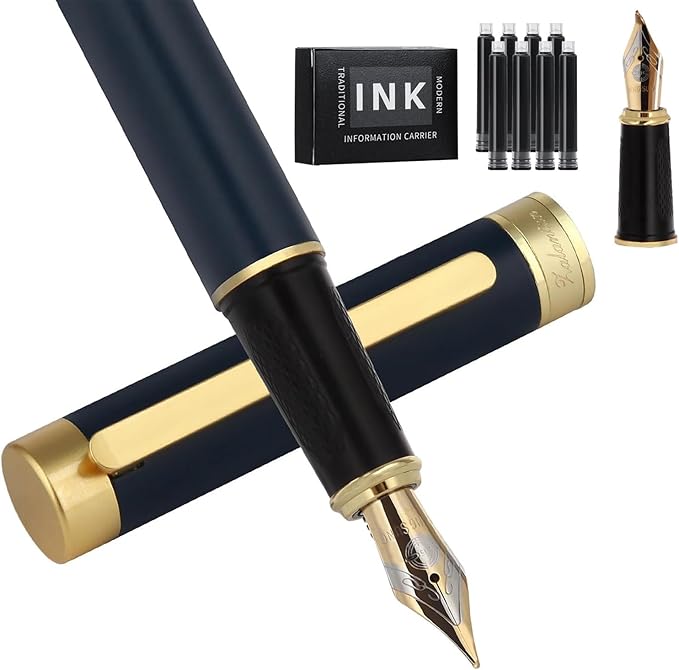 Fountain pen,Luxury pen,Nice pen gift pure copper heavy feel Office Executive Pen Smooth Writing Pens for Men Funcy Pens with Gift Case 10 black cartridges medium nib (Blue)