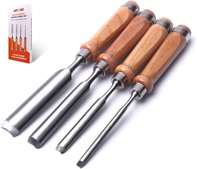 ATOPLEE 4 Pieces Wood Chisel Set for Woodworking, Professional Wood Chisel Tool Carpenter Gouge CR-V Steel Semi-Circular Edge Sharp Blade 8mm(5/16")/12mm(1/2")/18mm(3/4")/25mm(1") (Full Size-4PCS)