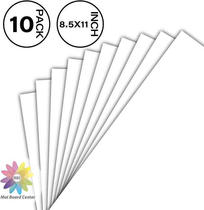 Mat Board Center, Pack of 10 8.5x11 White Uncut Mat Boards, Acid Free, 4-Ply Thickness, White Core, Great for Pictures, Photos, Framing Backing