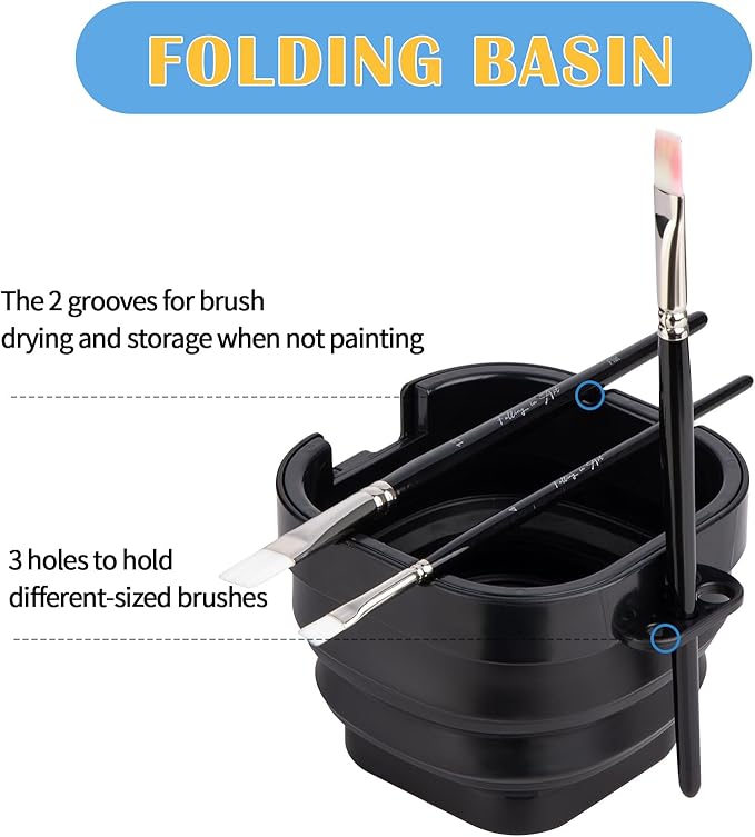 Falling in Art Paint Palette, Airtight 16 Wells Storage Palette Box with Lid and Folding Paint Brush Basin for Watercolor, Gouache and Acrylic Painting (Black)