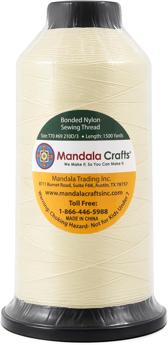 Mandala Crafts Size 69 210D T70 Bonded Nylon Thread - Ivory 1500 YDs Tex 70 Heavy Duty Sewing Threads for Leather, Jeans, Weaving, Outdoor Marine Upholstery
