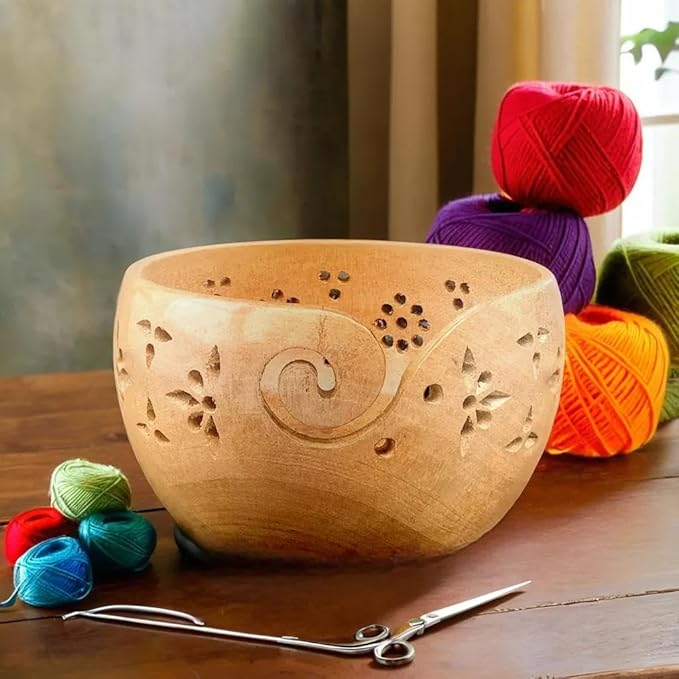 Prime Art Wooden Yarn Bowl Yarn Bowl for Crochet Yarn Bowl for Knitting Yarn Bowl for Crochet Large Yarn Bowl (Mangowood)