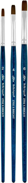 Silver Brush Limited BA-2754S BelleAqua Bright Brushes, 3pc Watercolor Brush Set Also for Acrylic, Gouache, Ink & Dye, Professional Soft Synthetic Red Sable Paintbrushes, Short Handle, Sizes 2, 4 & 6