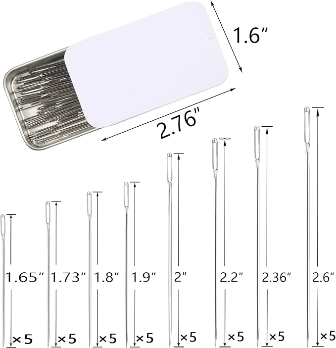 40PCS Large Eye Sewing Needles, 8 Sizes Hand Sewing Sharp Needles, Embroidery Needle, Leather Needle,Stainless Steel Yarn Needles with Threaders & Stitch Markers (White)