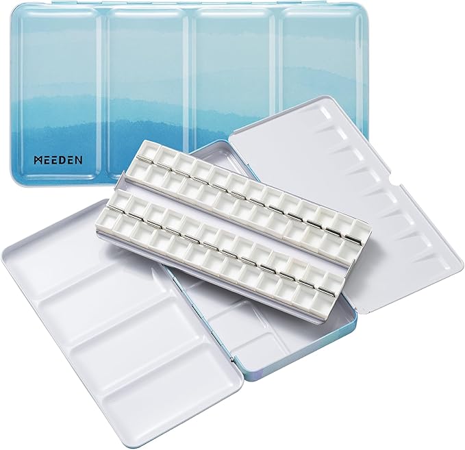 MEEDEN Empty Watercolor Tin Palette: Portable Watercolor Palette Paint Case with 48 Half Pans - Metal Watercolor Palette Tin Box with Lid for Artist Student Adults (Blue)