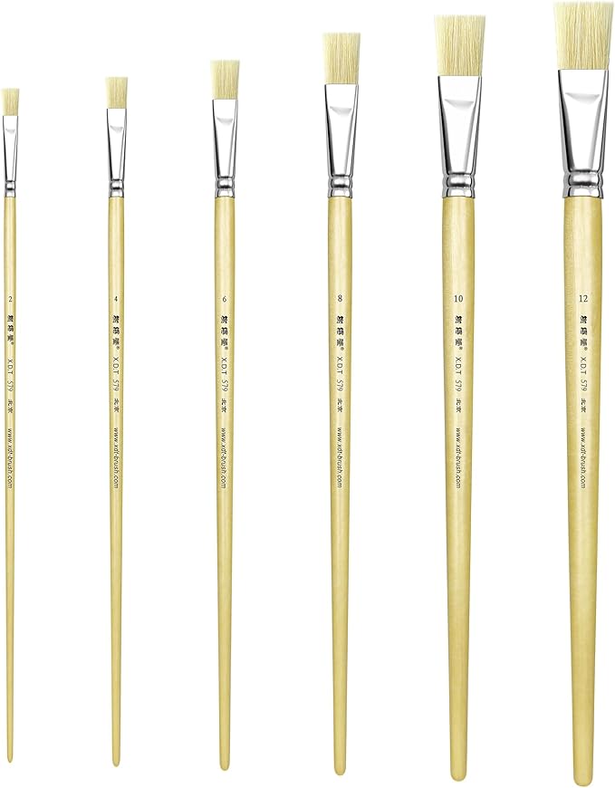 XDT#579 Flat Artist Paint Brush 6 Piece Set Medium Firm Square Wash Tip #2#4#6#8#10#12, Craft Face Body Paint Acrylic Oil Watercolor
