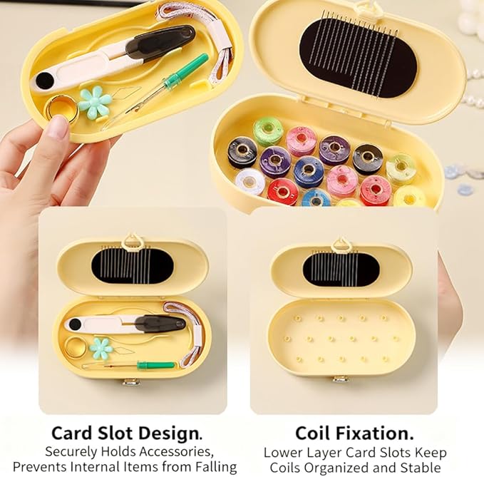 Portable Sewing Kit with 16 Color Thread Spools, Magnetic Needle Box, Scissors, Thimble, Complete Tools for Basic Repairs, Card Slot Design