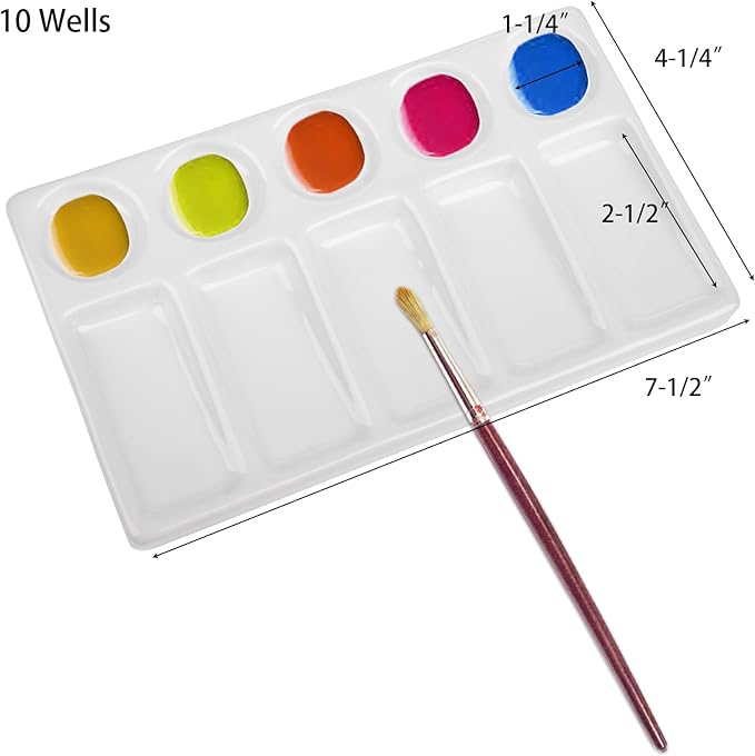 Jucoan 2 Pack 10-Well Ceramic Watercolor Painting Palette, 7-1/2 x 4-1/4 Inch Rectangle Porcelain Artist Paint Palette Mixing Tray for Watercolor, Gouache, Acrylic