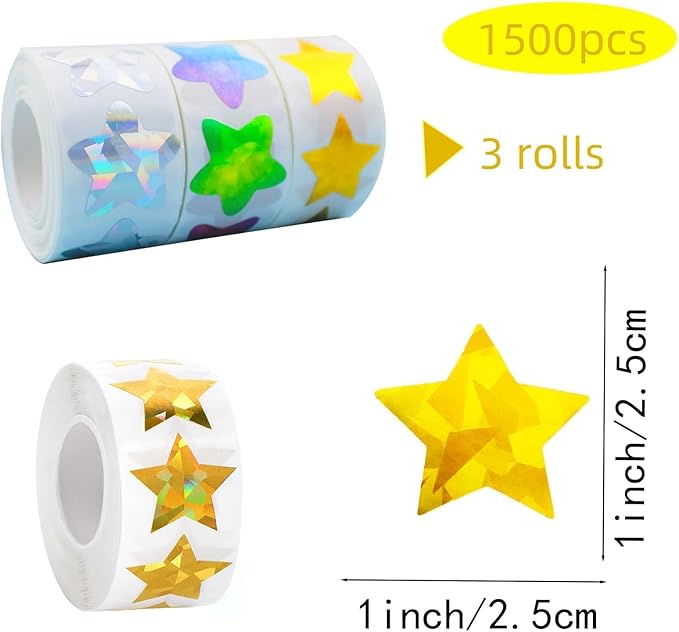 1500 Pcs Holographic Star Stickers Multi-Color Shiny Stars for DIY Crafts, Reward Charts, Student Planners, Classroom Supplies, Scrapbooking, Sealing Stickers & More