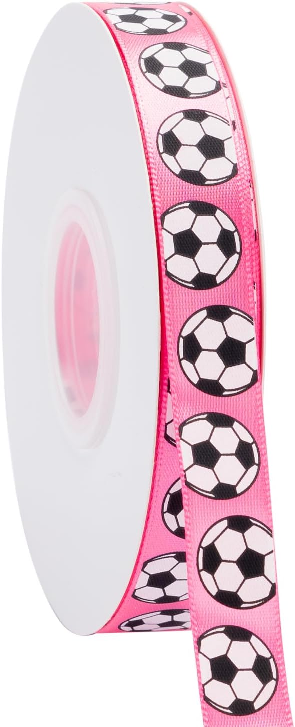 Soccer Ribbon,5/8-Inch x 50-Yard,White/Pink,Use for Team Hair Bows,Wreath,Sport Lanyards,Gift Wrapping,Party Decoration,All Crafting and Sewing (Pink, 50-Yard)