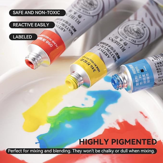 Paul Rubens Watercolor Paint Set 24 Vibrant Colors 12ml / 0.4 Fl Oz Tubes, Watercolor Tubes with Great Value, Water Color Paints Art Supplies for Adults, Artists & Beginners & Academy Grade