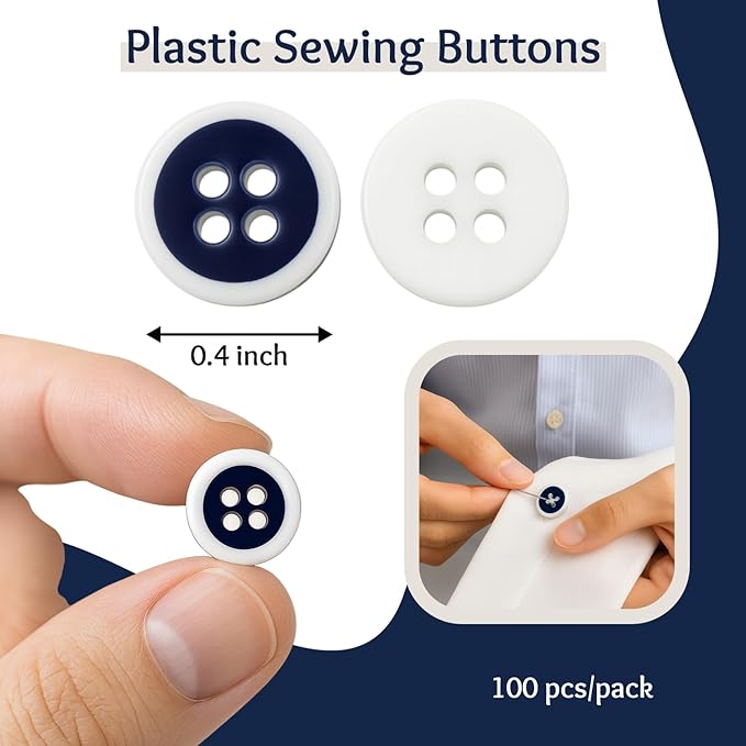 100 Pcs White and Navy Buttons for Sewing 0.5 inch 4-Hole Round Buttons for Uniform 16L Navy Plastic Glossy 10mm Ideal for Workwear School Chef Aprons Pants Jacket Bags Accessories Craft DIY