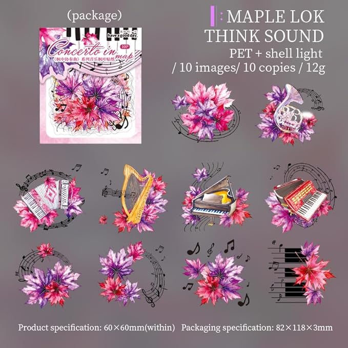 MAFELOE Scrapbook Stickers of 10 Pieces, PET Aesthetic Deco Stickers Journaling Supplies for Junk Bullet Bottles Laptop- Maple Leaf&Music Series-F