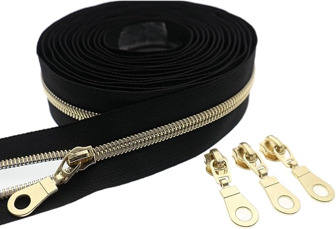 #5 Gold Metallic Nylon Coil Zipper by The Yard, Bulk 10 Yards Black Tape Gold Teeth with 25PCS Gold Zippers Pulls for Sewing, Bags, Purses YIGUANXIN