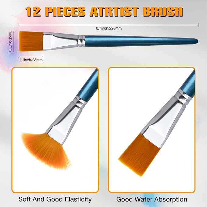 Great Andrew 12 Pieces 1 inch Flat Paint Brushes for Acrylic Painting, Small Paint Brushes with Wooden Handle for Acrylic, Watercolor, Oil, Crafts, Face Body DIY Painting