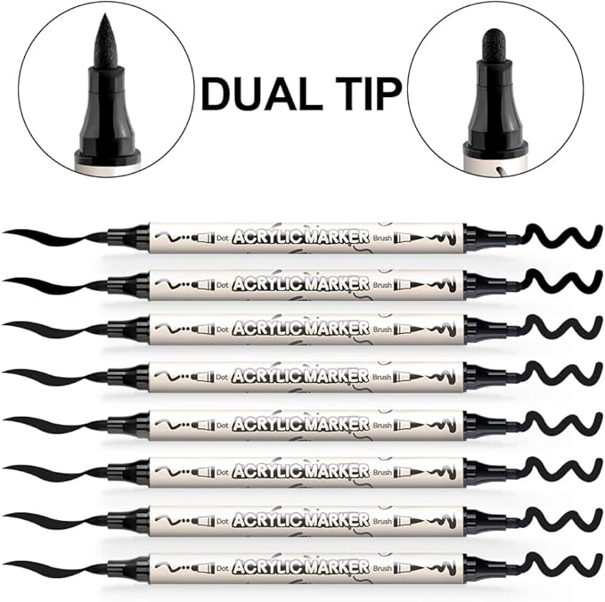 TRANSON 8 Pack Black Brush and Bold Dual-tip Acrylic Paint Marker for DIY Glass Canvas Wood Leather Ceramic Rock Painting