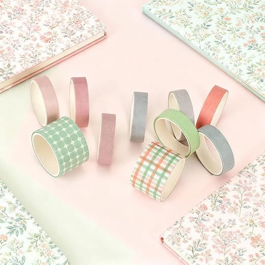 10 Rolls Washi Tape Set, Solid Color & Grid Decorative Tapes for Journals, Scrapbooking, Gift Wrapping, Decor & Crafts (Gauze)