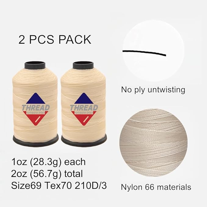 Sissewpro 1oz 375 yds Each 2 Pack Tex70 Bonded Nylon Thread 69 Upholstery Thread Heavy Duty Threads for Leather Sewing Machine, Beading, Hair Weaving, Denim, Canvas,Webbings 2oz Total（2, Natural）