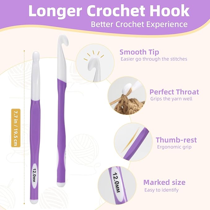 12mm Large Crochet Hook,Ergonomic Crochet Needle for Arthritic Hands, Extra Long Rubber Handle Crochet Hooks for Knitting Sweaters, Shawls and Carpets