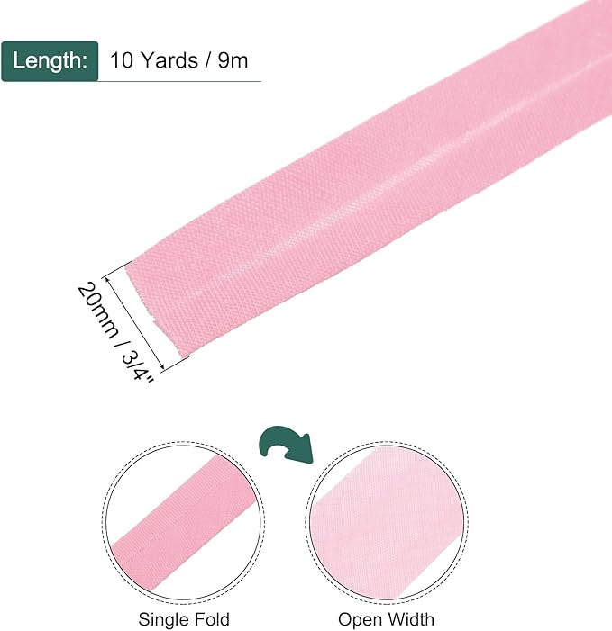 MECCANIXITY 3/4 Inch Single Fold Bias Tape Polyester Continuous Bulk Bias Tape for Sewing, Seaming Quilting Hemming Binding Crafts (Pink 10 Yards)