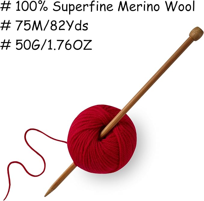 100% Merino Wool Yarn, 3-Ply Luxurious and Soft Yarn for Hand Knitting & Crocheting (Red,1Ball)