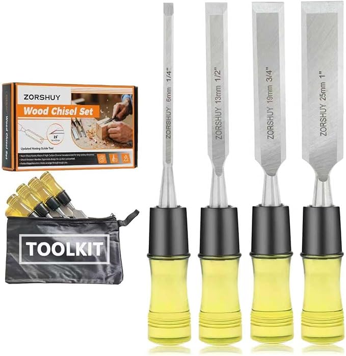 Wood Chisel Sets，4-Piece Woodworking Tools Set, for Precision Carving & DIY，CR-V Steel Beveled Edge Blades with Safety Caps,PVC High Impact Handle,Wood Tools Chisel Set(1/4", 1/2", 3/4", 1")