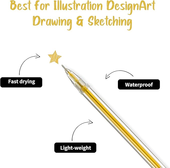 18 Pieces Gel Ink Pens Highlight Drawing Art Design Supplies 0.5 mm Pens for Black Paper Drawing Sketching Illustration Journaling Wedding Invitations and Adult Coloring Book (White, Gold, Silver)