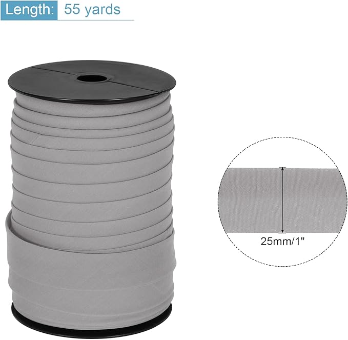 MECCANIXITY 1 Inch Double Fold Bias Tape Polyester Continuous Bulk Bias Tape for Sewing,Seaming Quilting Hemming Binding Crafts (Grey 55 Yards)