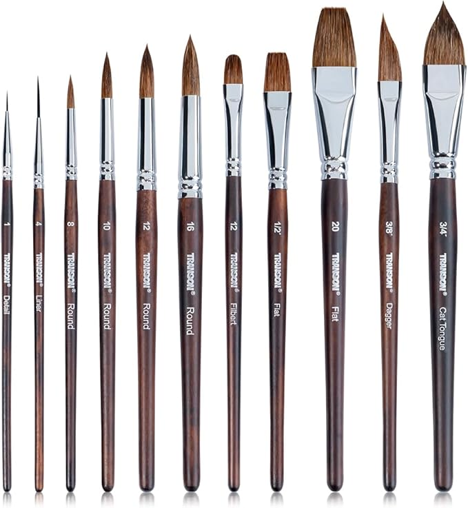 Transon 11pcs Sable Watercolor Brushes Professional Brush Set for Watercolor Painting Gouache Painting
