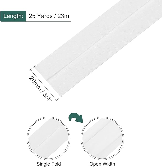 MECCANIXITY 3/4 Inch Single Fold Bias Tape Cotton Continuous Bulk Bias Tape for Sewing, Seaming Quilting Hemming Binding Crafts (White 25 Yards)