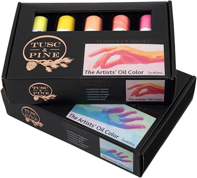 Tusc & Pine Artist Oil Paint - Warm & Cool Luminous Set of 10 Assorted Colors, 40 ml each, Non-Yellowing, Rich & Creamy Consistency, Maximum Pigment Load, Small Batch Milled Oil Paints Made in the USA