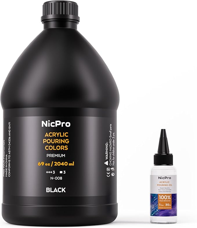 Nicpro Jet Black Color Acrylic Pour Paint, 69 Ounce Pre-Mixed Pouring Paint Supplies with Silicone Pour Oil & Gloves for Canvas, Rock, Wood Cell Creation Flow DIY Art Painting, Ready to Pour