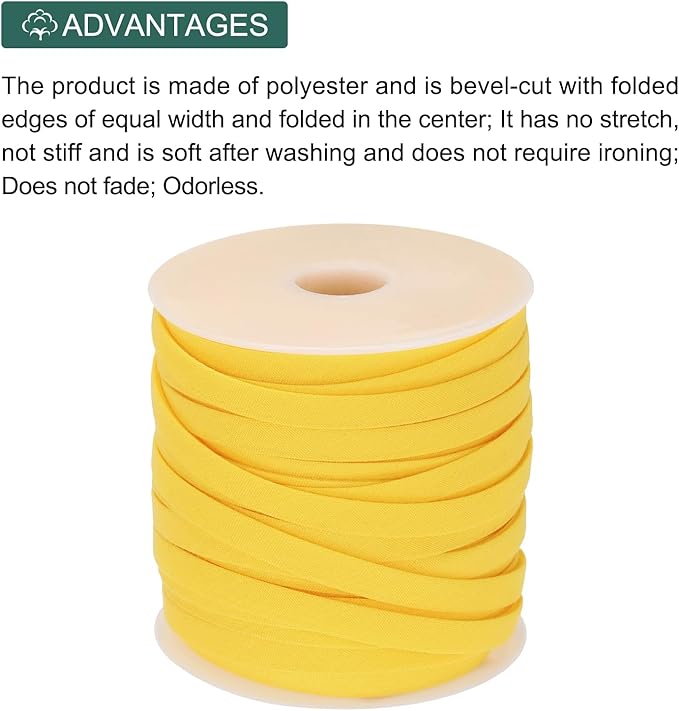 MECCANIXITY 1/4 Inch Double Fold Bias Tape Polyester Continuous Bulk Bias Tape for Sewing,Seaming Quilting Hemming Binding Crafts (Yellow 25 Yards)