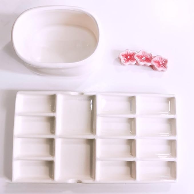 8" Porcelain Watercolor Palette - 14 Well Ceramic Artist Paint Palette with Mixing Tray for Painting and Craft Projects