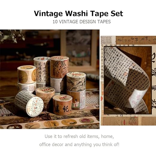 10 Rolls (Totally 98ft/30m) Vintage Washi Tape Set, Chinese Culture Style Masking Tape Nostalgic Style Decor Sticker for DIY Craft Scrapbooking Bullet Journal Planner Gift Wrapping
