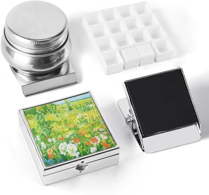 Portable Mini Tin Box 14-Well Empty Watercolor Palette Paint Mixing Tray is a Small Storage Travel Kit with Magnetic Clip and Oil Pot, Perfect for Outdoor Sketching and DIY Painting.Tussock