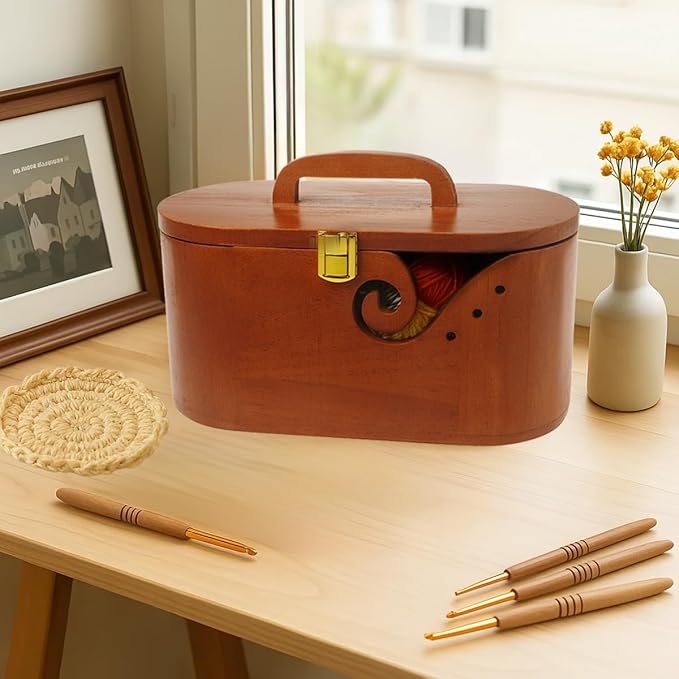 Portable Oval Wooden Yarn Bowl - with Lid, Lock & Handle, 9 Knitting Hooks Set, Perfect Organizer for Threads & Knitting Supplies