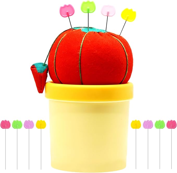 Tomatoes Pin Cushion Sewing Tool Set with Magnetic Storage, Including 50 Cute Flowers Needles, Threader, Thimble ＆Tape Measure, Pin Holder for Sewing DesksApplique & Patchwork Crafter