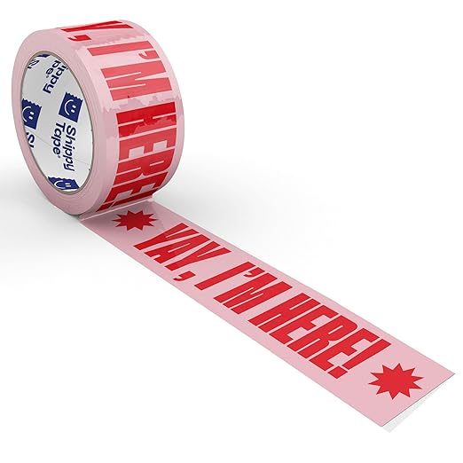 Cool Decorative Packing Tape for Small Business, Cute Designer Printed Packaging and Shipping Tape, Yay I'm Here!, Pink Red, 1.88" x 110 Yards (330 feet)
