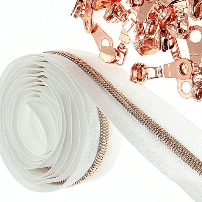#5 Rose Gold Metallic Nylon Coil Zipper by The Yard, Bulk 10 Yards White Tape with 25PCS Rose Gold Zippers Pulls for Sewing, Bags, Purses YIGUANXIN