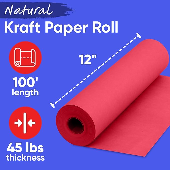 USA-Made 12" x 1200" Christmas Red Kraft Paper Roll, 45 lbs Thickness, American Quality Kraft Paper for School, Poster Arts, Colored Bulletin Borad - Odorless, Non-Toxic, Safe for Kids